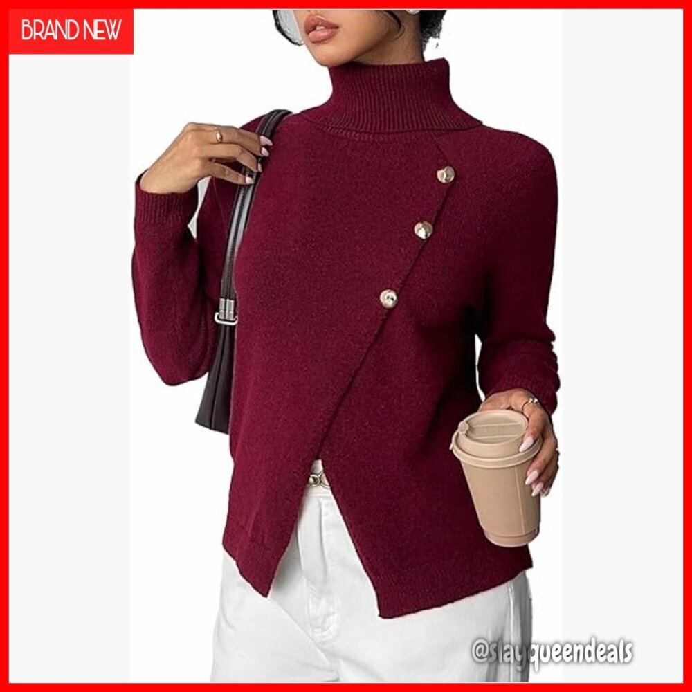 Fitted Turtleneck Pullover Sweater Long Sleeve Button Wrap Top